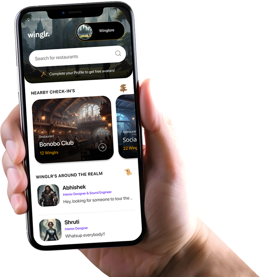 Winglr app displayed on a mobile smartphone held in hand